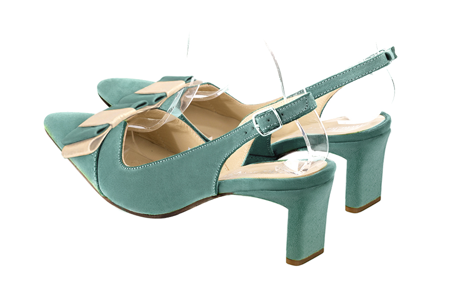 Mint green and gold women's open back shoes, with a knot. Tapered toe. Medium comma heels. Rear view - Florence KOOIJMAN